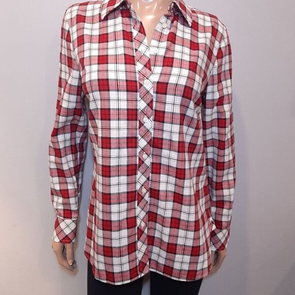 TALBOTS Classic Cotton Shirt Shimmer Plaid Top - Picture 3 of 14